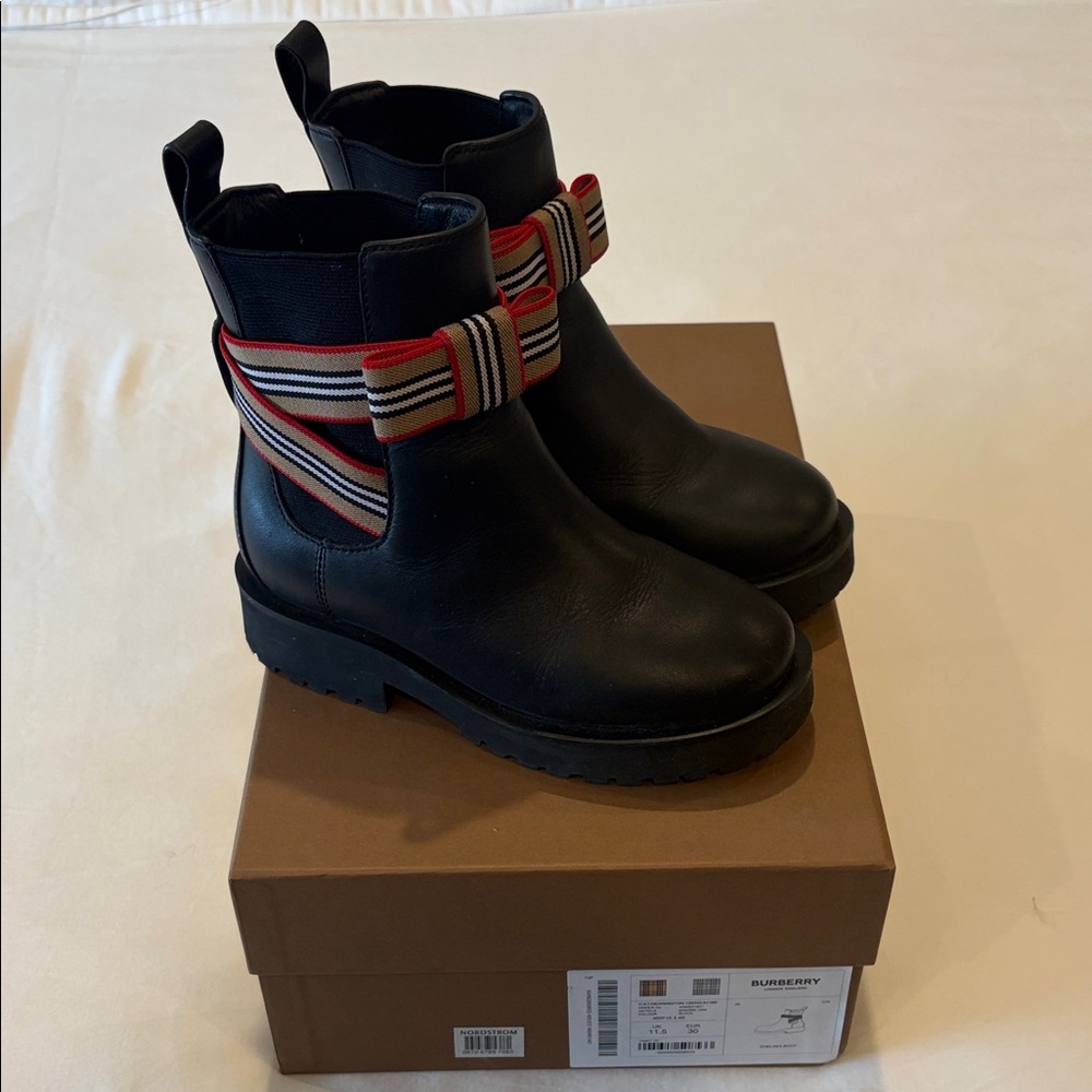 Burberry Kids Black Boots with Red and White Stripes